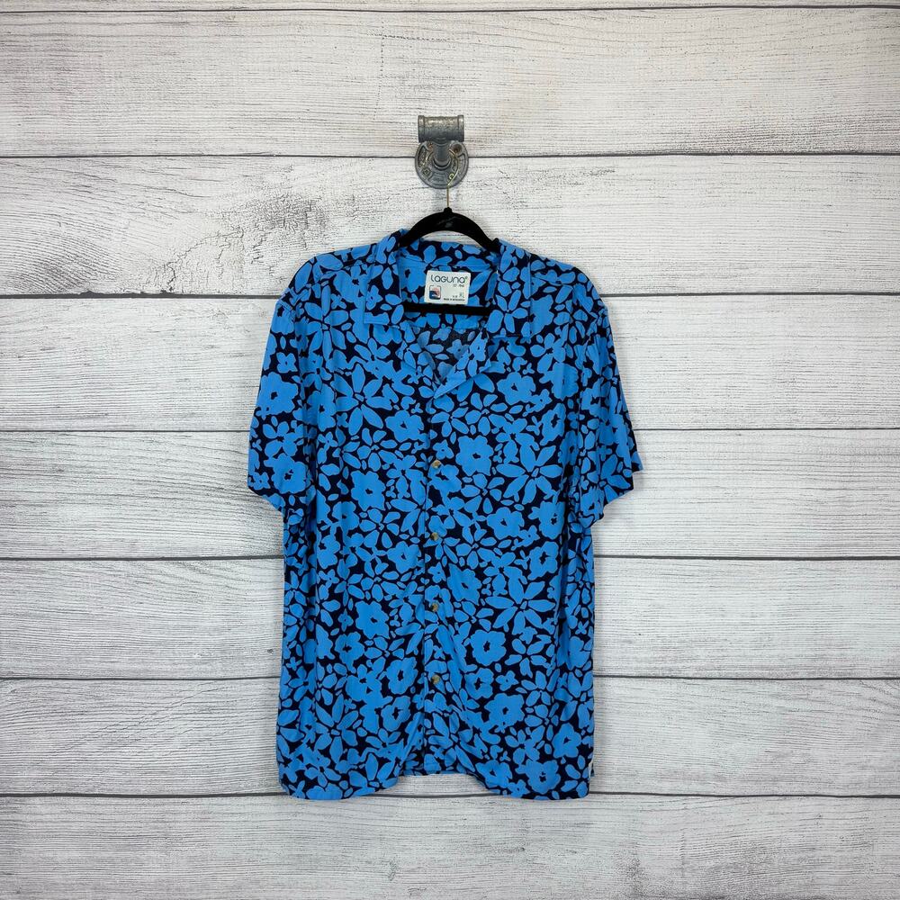 Laguna Men's Blue Floral Hawaiian Button Up Short Sleeve Shirt Size XL